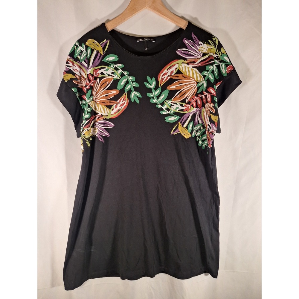 Zara‎ Womens Large Black Tropical Floral Print Short Sleeve T-Shirt Top
